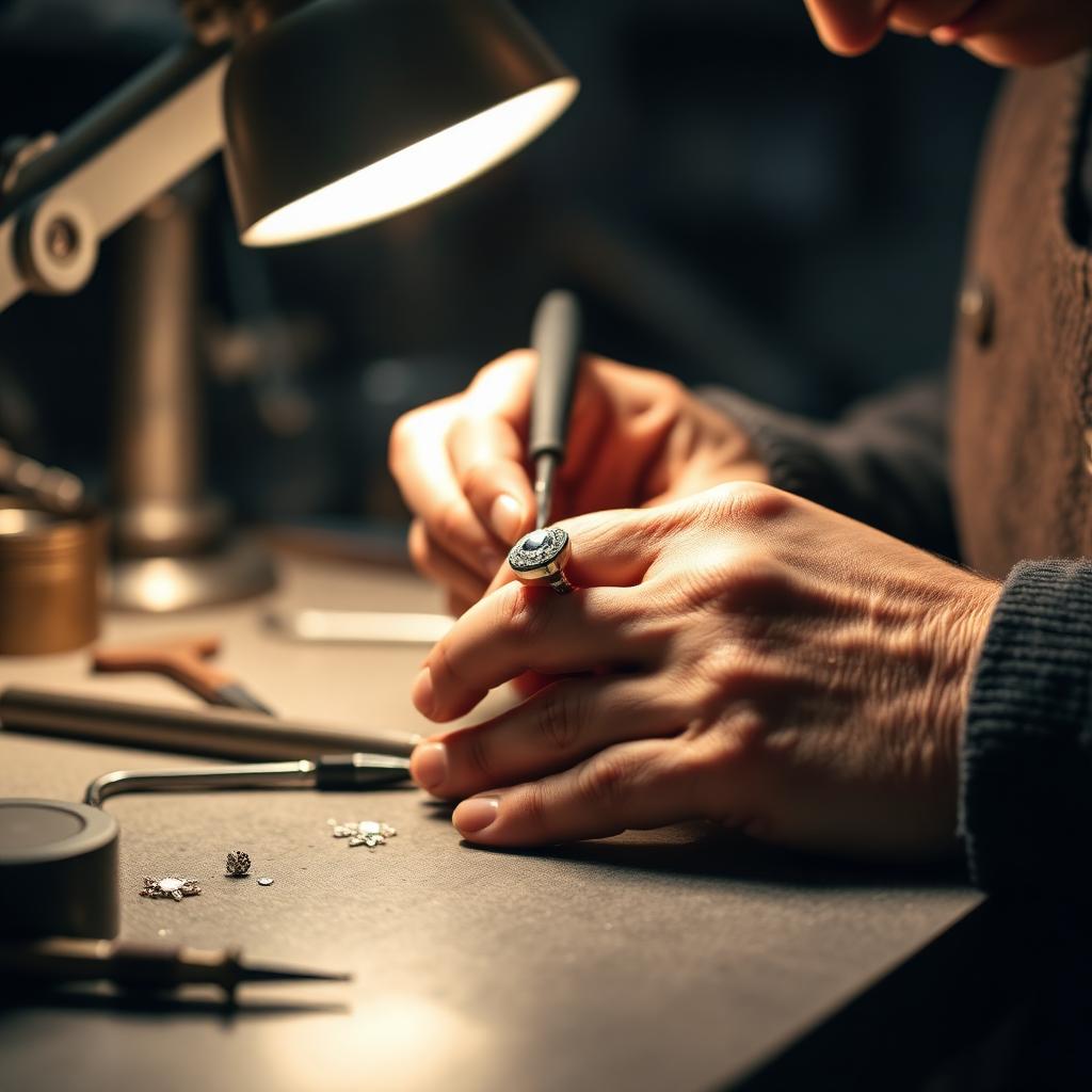 Master jeweler crafting a custom ring at the workbench