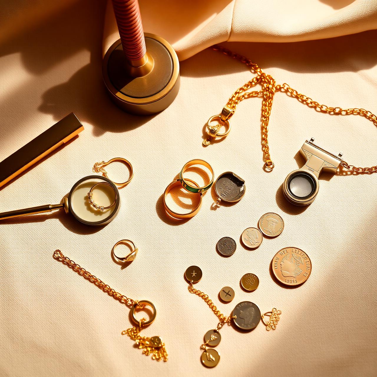 Gold jewelry, coins, and chains being evaluated by a master jeweler